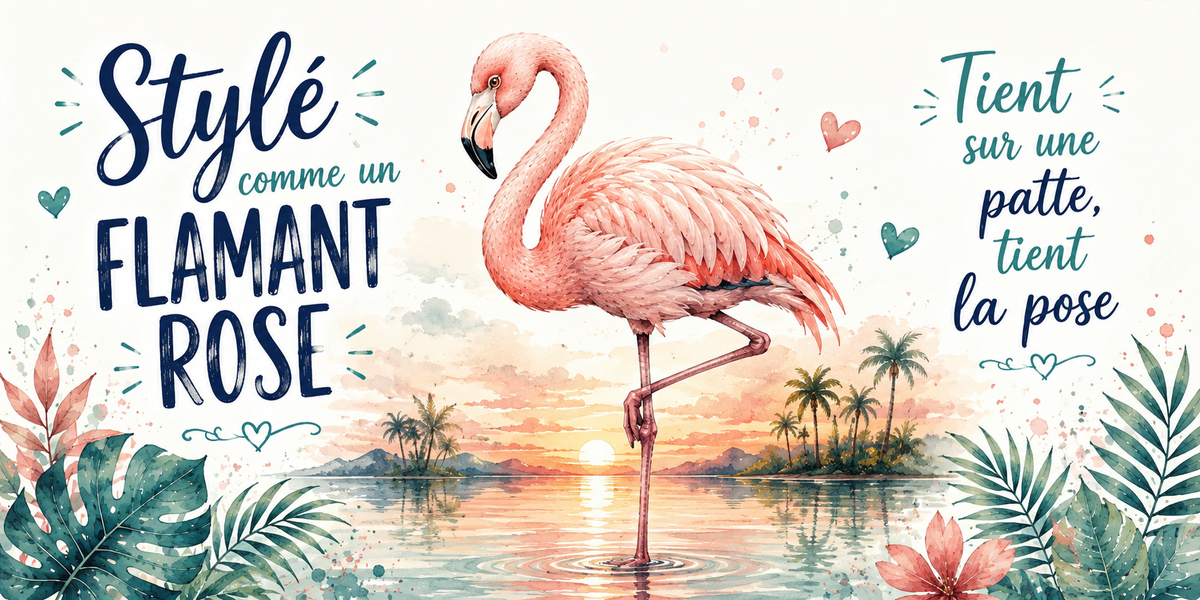 Flamant rose en équilibre sur une patte à l'aquarelle : « Stylé. Tient sur une patte, tient la pose »