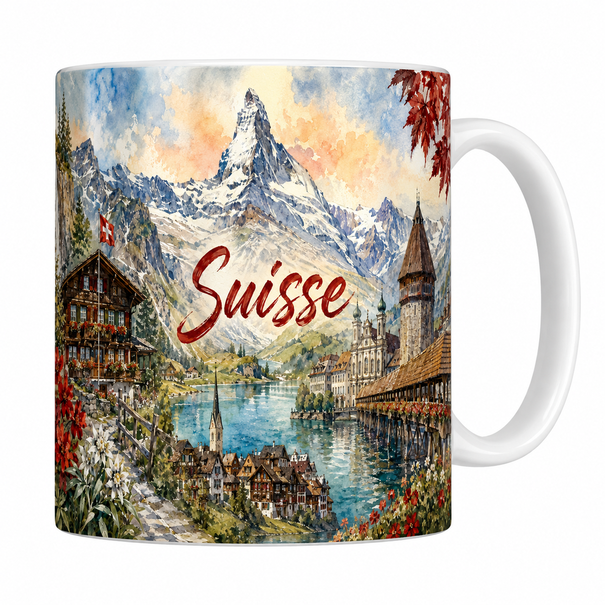 Mug céramique 330 ml Suisse aquarelle : Cervin, pont de la Chapelle à Lucerne et chalet fleuri