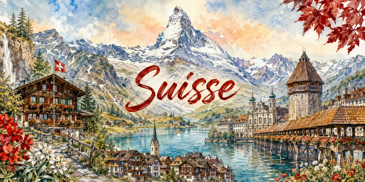 Visuel Suisse aquarelle : pyramide du Cervin, Wasserturm de Lucerne, chalet à balcons fleuris