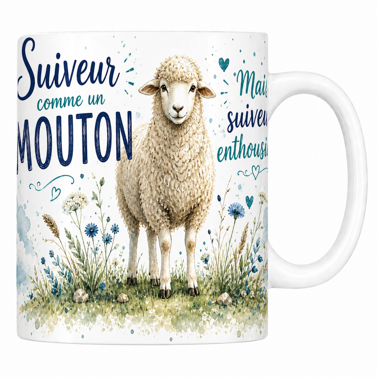 Mug céramique blanc « Suiveur comme un mouton », mouton et pré de bleuets à l'aquarelle
