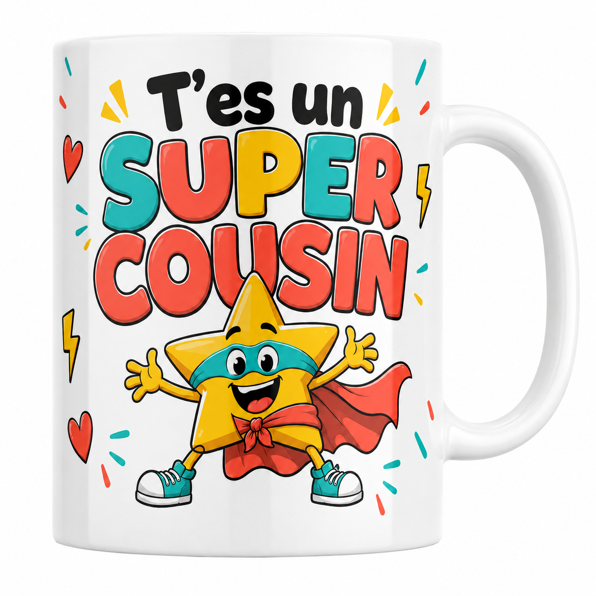 Mug céramique 330 ml Super Cousin : étoile super-héros à cape corail et masque turquoise