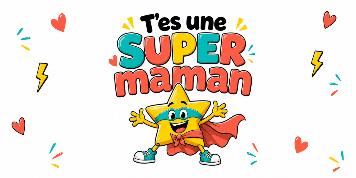 Visuel Super Maman étoile : « T'es une super maman », étoile en cape et éclairs jaunes