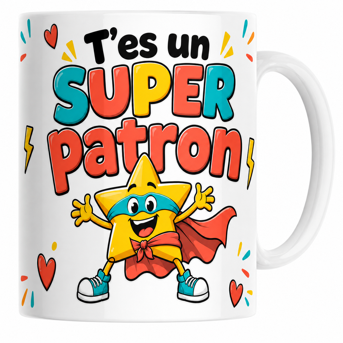 Mug céramique 330 ml Super Patron : étoile super-héros à cape corail et masque turquoise