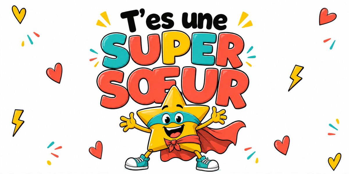 Visuel Super Sœur : « T'es une super sœur », étoile en cape, cœurs corail et éclairs