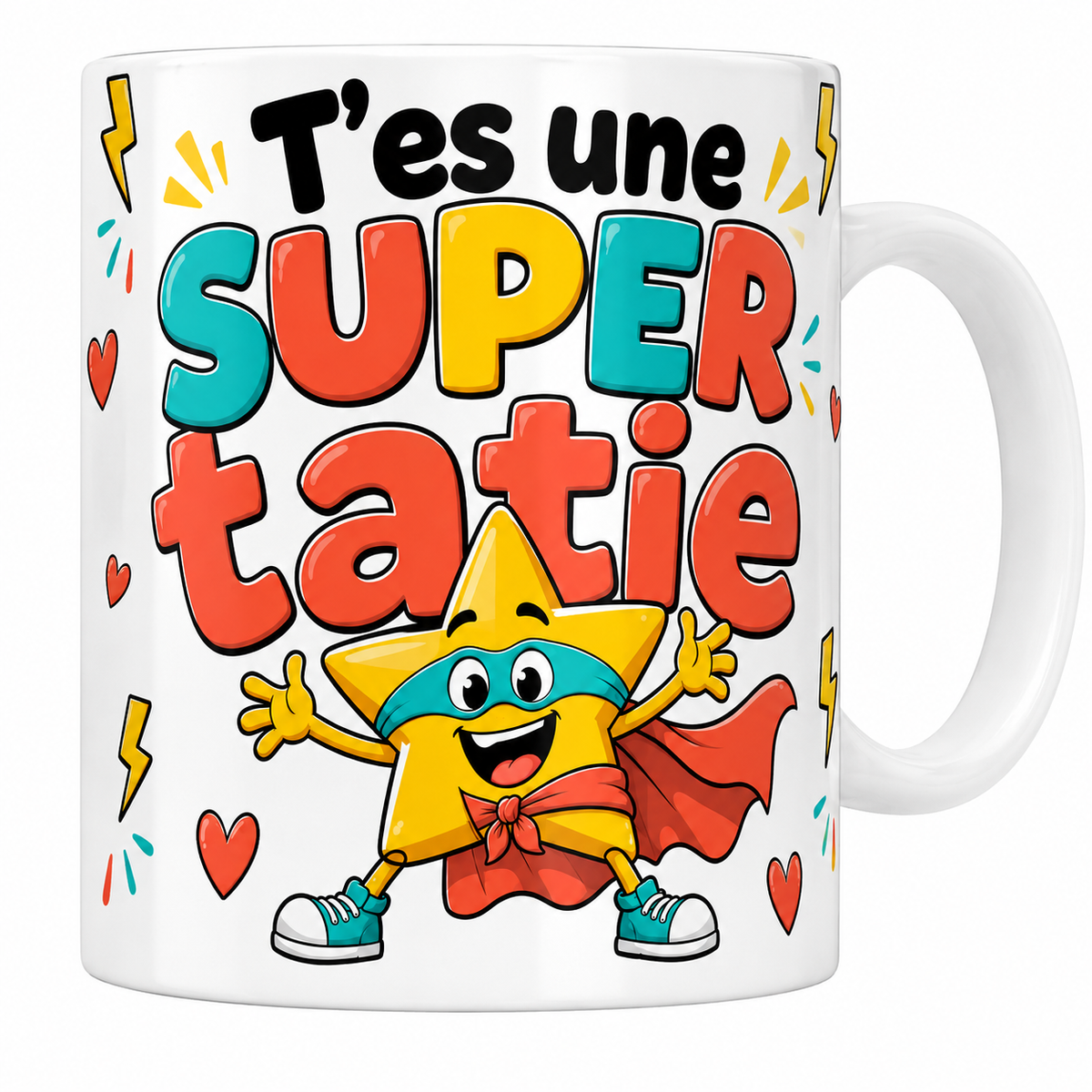 Mug céramique 330 ml Super Tatie : étoile super-héros à cape corail et masque turquoise