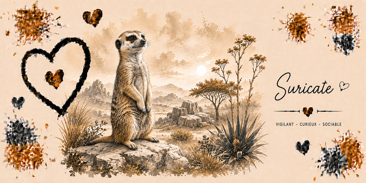 Design du mug Suricate : suricate debout en vigie dans la savane, gravure sépia, cœur noir et taches dorées