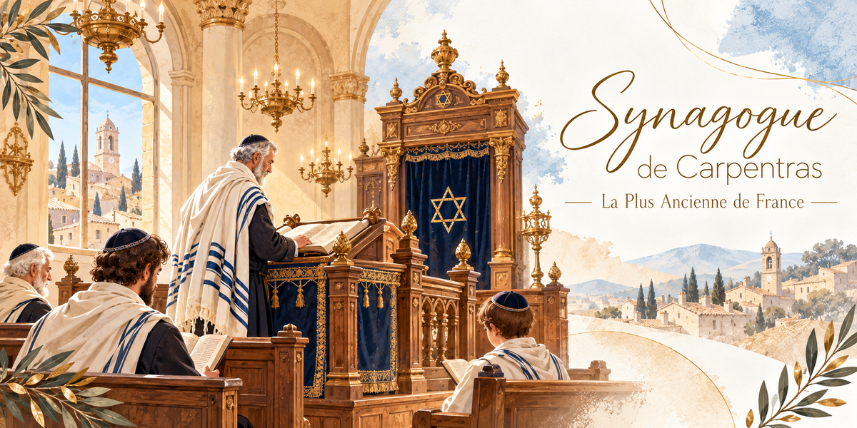 Visuel aquarellé de l'intérieur de la synagogue de Carpentras, un officiant en talit rayé debout à la tébah de bois sculpté, un livre ouvert devant lui, l'arche sainte dorée au rideau bleu frappé d'une étoile de David et surmontée des Tables de la Loi, des fidèles assis en talit et kippa, un lustre à bougies, une fenêtre ouvrant sur les toits et le clocher de la ville, des cyprès et des feuillages en bordure et le titre Synagogue de Carpentras - La Plus Ancienne de France