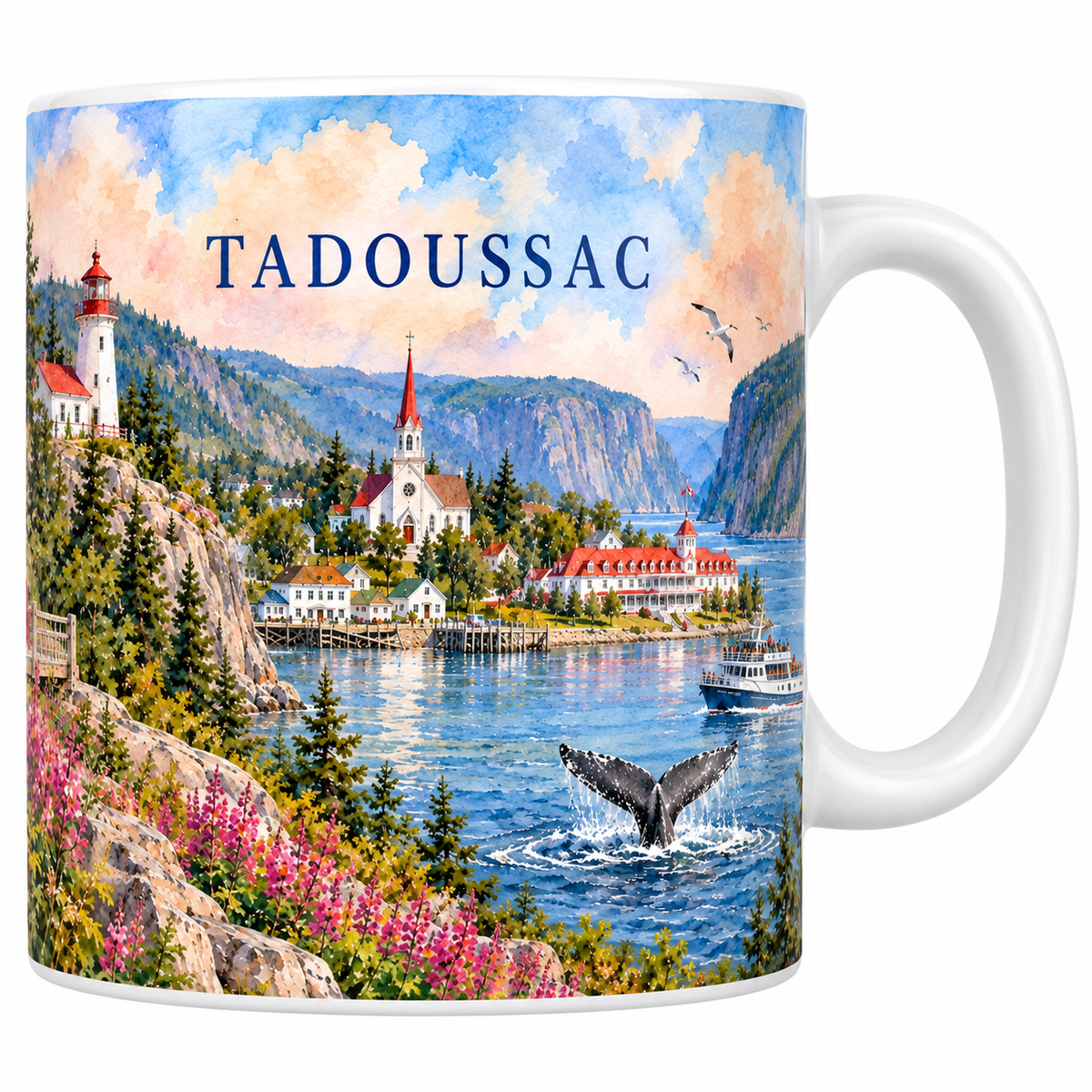 Mug blanc Tadoussac aquarelle 330 ml : le phare, le clocher rouge de l'eglise blanche, l'hotel au toit rouge, le fjord et la queue d'une baleine.