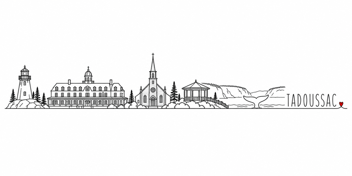 Skyline de Tadoussac dessiné au trait noir continu, de gauche à droite : le phare sur son rocher au milieu des sapins, le long hôtel à lucarnes et à coupole avec sa véranda, les conifères, l'église blanche et sa haute flèche, les buissons, le kiosque à colonnes sur la pointe, la barrière de bois et la dune qui descend vers le fleuve — avec le nom TADOUSSAC en capitales espacées et un petit cœur rouge