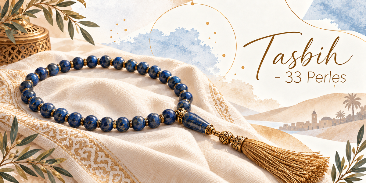 Visuel aquarellé d'un tasbih, chapelet de perles bleu nuit veinées d'or terminé par un gland de fils dorés, posé en boucle sur une étoffe crème à broderie géométrique, une lanterne ajourée dans l'angle, un paysage de dunes ocre et de palmiers sous un ciel clair à l'arrière-plan, des feuillages d'olivier en bordure et le titre Tasbih - 33 Perles en lettres dorées