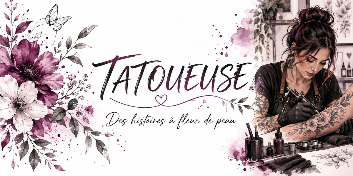 Visuel tatoueuse : le mot TATOUEUSE en grande calligraphie manuscrite violet prune, la devise Des histoires à fleur de peau en gris avec un petit cœur rose, de grandes fleurs aquarelle violettes et blanches, des feuillages gris-vert, un papillon blanc et des éclaboussures d'encre mauve, une tatoueuse au chignon et aux bras tatoués, débardeur noir, tablier et gants noirs, penchée sur son travail devant une table de pigments, godets et machines, planches de dessins au mur