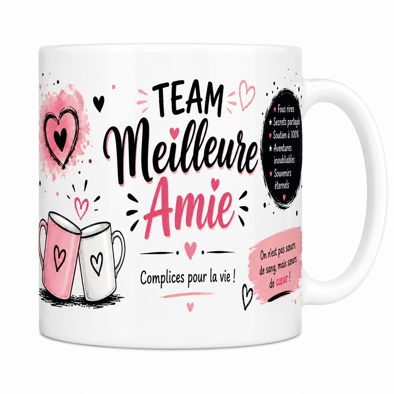 Mug Team Meilleure Amie en céramique blanche, complices pour la vie et deux tasses qui trinquent