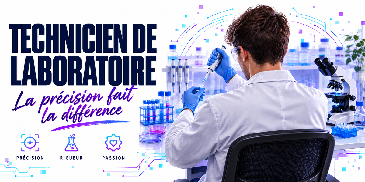 Visuel technicien de laboratoire : la mention TECHNICIEN DE LABORATOIRE en capitales bleu marine sur fond blanc à circuits imprimés bleus et violets, la phrase manuscrite violette La Précision Fait la Différence, un technicien en blouse blanche et gants bleus assis de trois quarts dos, micropipette à la main, portoirs de tubes violets et bleus, rangée de micropipettes sur support, microscope et paillasse, trois pastilles — précision, rigueur, passion
