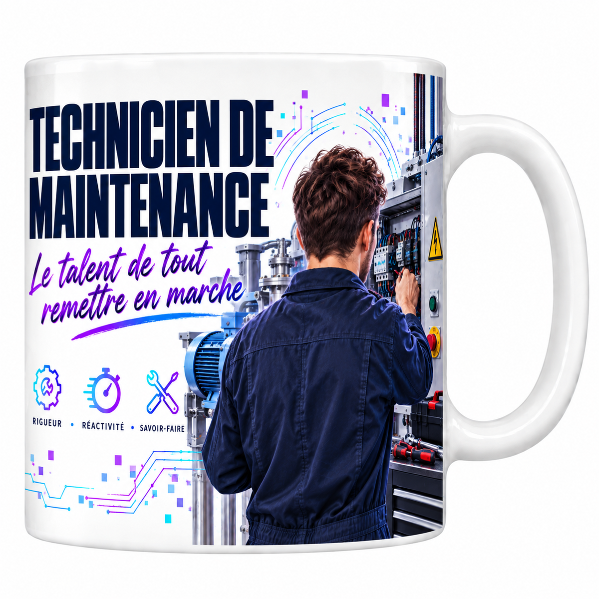 Mug technicien de maintenance en céramique blanche 330 ml, décor de circuits imprimés bleu et violet, la mention TECHNICIEN DE MAINTENANCE en grand et la phrase manuscrite Le Talent de Tout Remettre en Marche, un technicien debout de dos devant une armoire électrique, trois valeurs rigueur, réactivité, savoir-faire