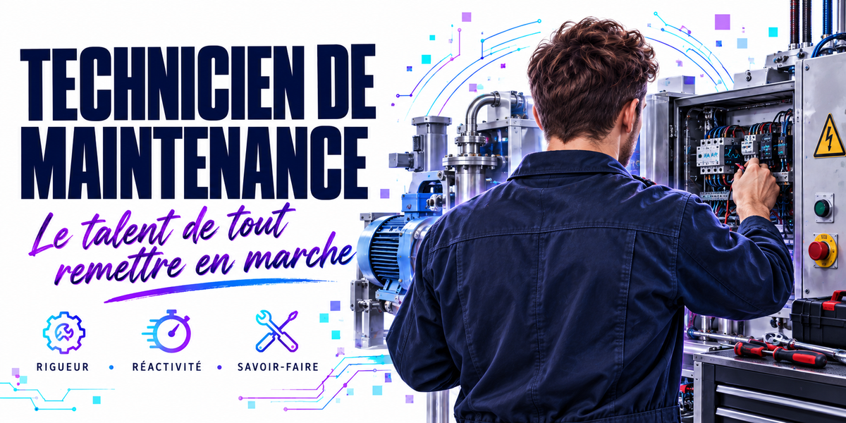 Visuel technicien de maintenance : la mention TECHNICIEN DE MAINTENANCE en capitales bleu marine sur fond blanc à circuits imprimés bleus et violets, la phrase manuscrite violette Le Talent de Tout Remettre en Marche, un technicien en combinaison bleu marine debout de trois quarts dos, main dans une armoire électrique ouverte pleine de disjoncteurs, moteur électrique bleu, panneau de danger jaune, bouton d'arrêt d'urgence et servante à outils, trois pastilles — rigueur, réactivité, savoir-faire
