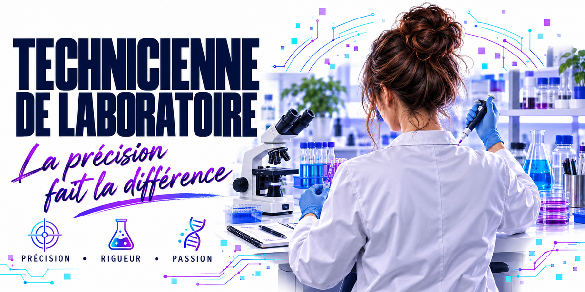 Visuel technicienne de laboratoire : la mention TECHNICIENNE DE LABORATOIRE en capitales bleu marine sur fond blanc à circuits imprimés bleus et violets, la phrase manuscrite violette La Précision Fait la Différence, une technicienne en blouse blanche, chignon et gants bleus, assise de trois quarts dos, micropipette à la main, deux microscopes, portoirs de tubes bleus et violets et plante verte, trois pastilles — précision, rigueur, passion