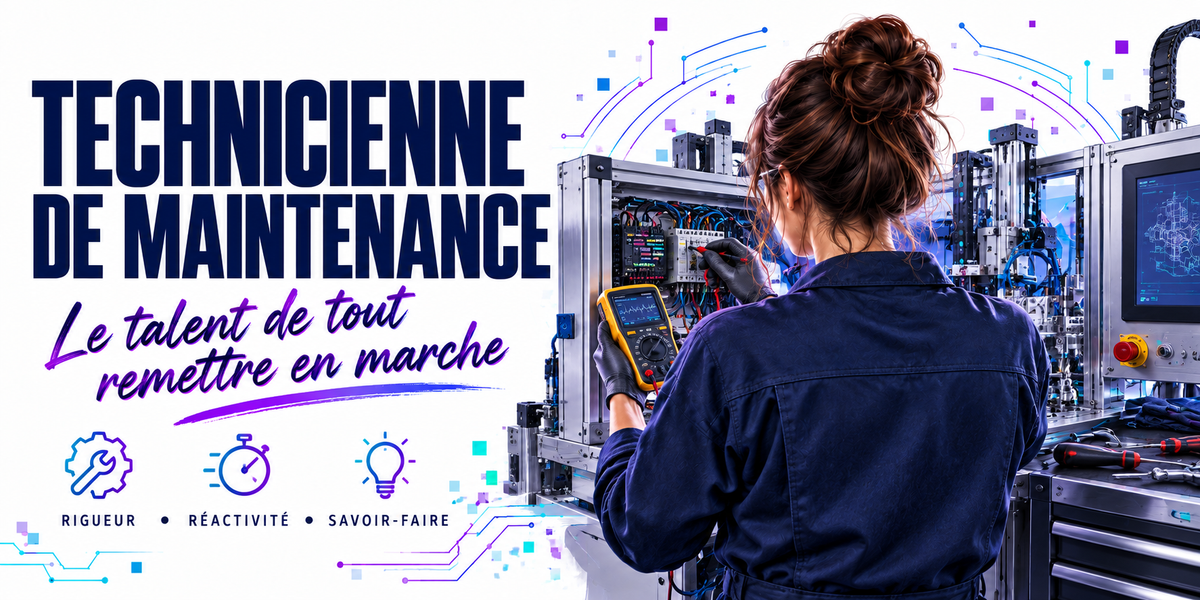 Visuel technicienne de maintenance : la mention TECHNICIENNE DE MAINTENANCE en capitales bleu marine sur fond blanc à circuits imprimés bleus et violets, la phrase manuscrite violette Le Talent de Tout Remettre en Marche, une technicienne en veste de travail bleu marine, chignon, debout de trois quarts dos, multimètre jaune en main devant une armoire électrique ouverte, ligne de production et pupitre à écran, servante à outils et bouton d'arrêt d'urgence, trois pastilles — rigueur, réactivité, savoir-faire