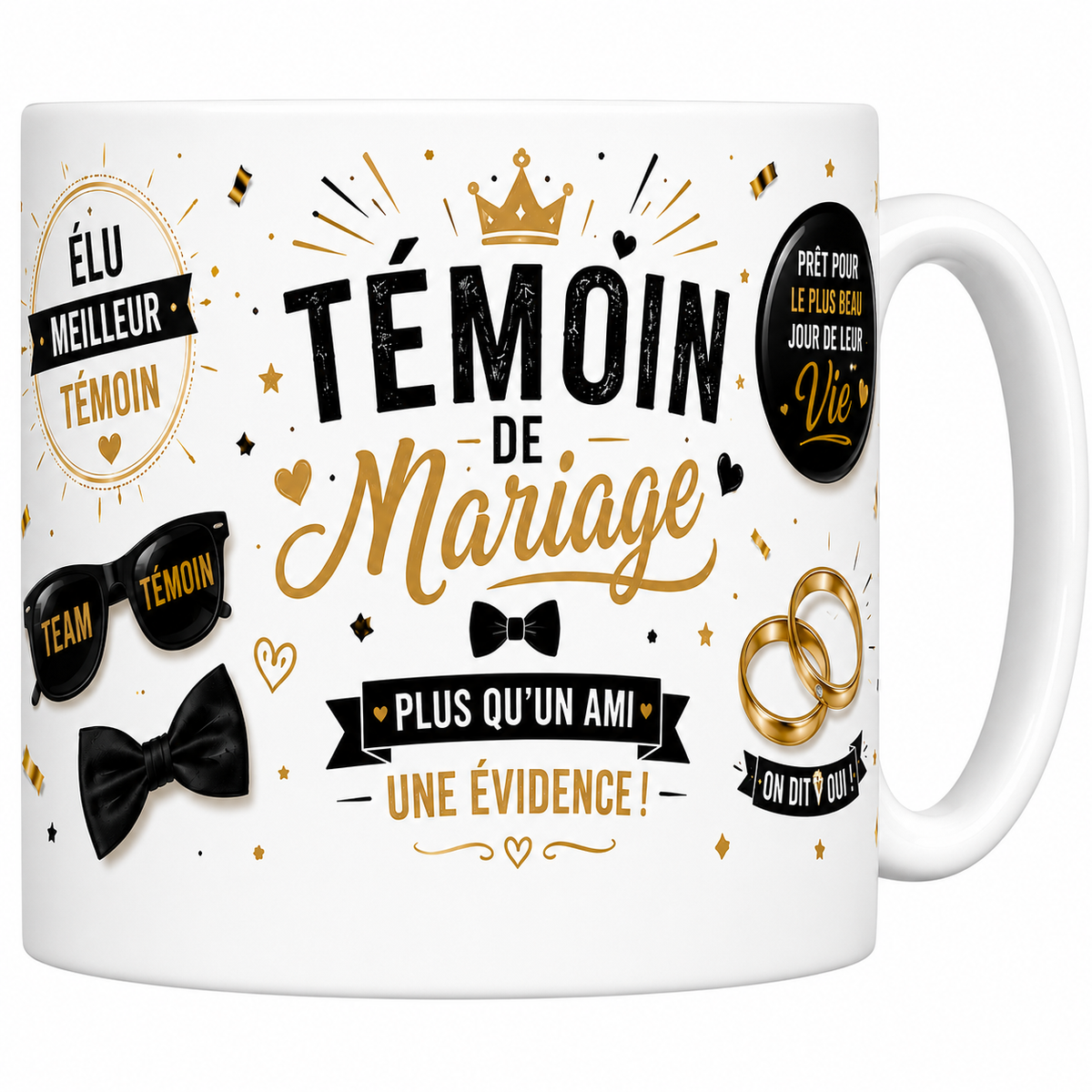 Mug céramique blanc Témoin de Mariage « Plus qu'un ami, une évidence ! » : nœud papillon et alliances