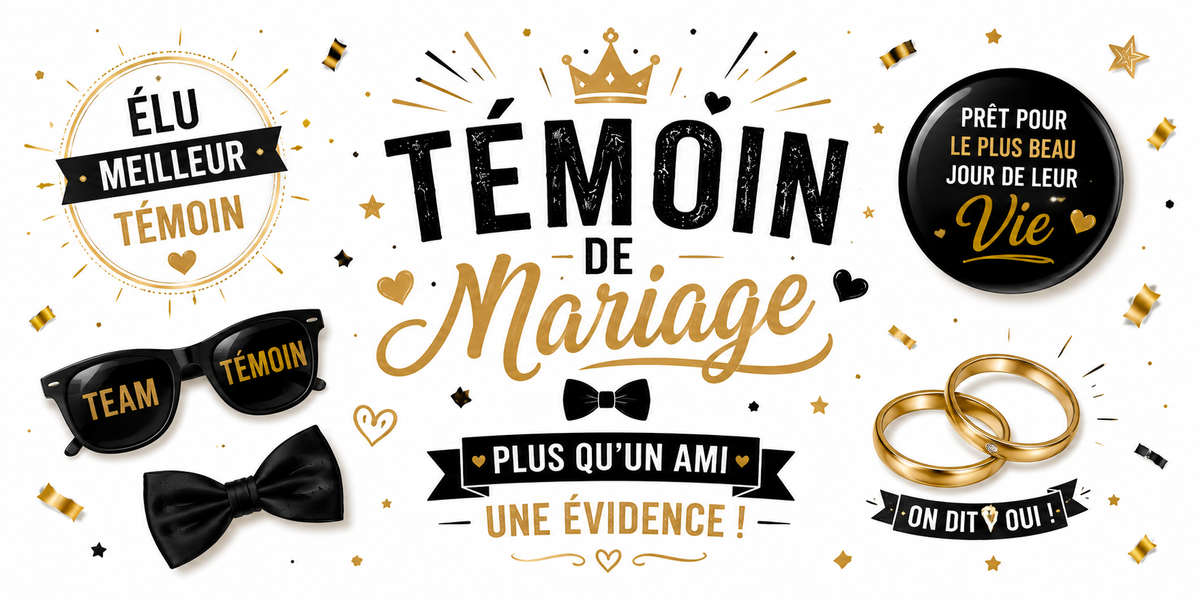 Design du mug Témoin de Mariage : « Élu meilleur témoin », lunettes Team Témoin et « On dit oui ! »