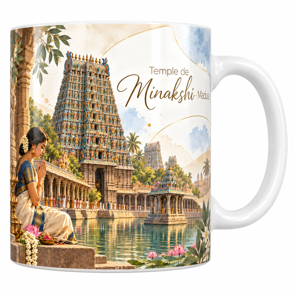 Mug céramique blanche 330 ml illustré du temple de Minakshi à Madurai à l'aquarelle, une jeune femme en sari agenouillée en prière au premier plan, le grand gopuram polychrome couvert de sculptures derrière elle, les galeries et le bassin aux lotus, et le titre Temple de Minakshi - Madurai en lettres dorées