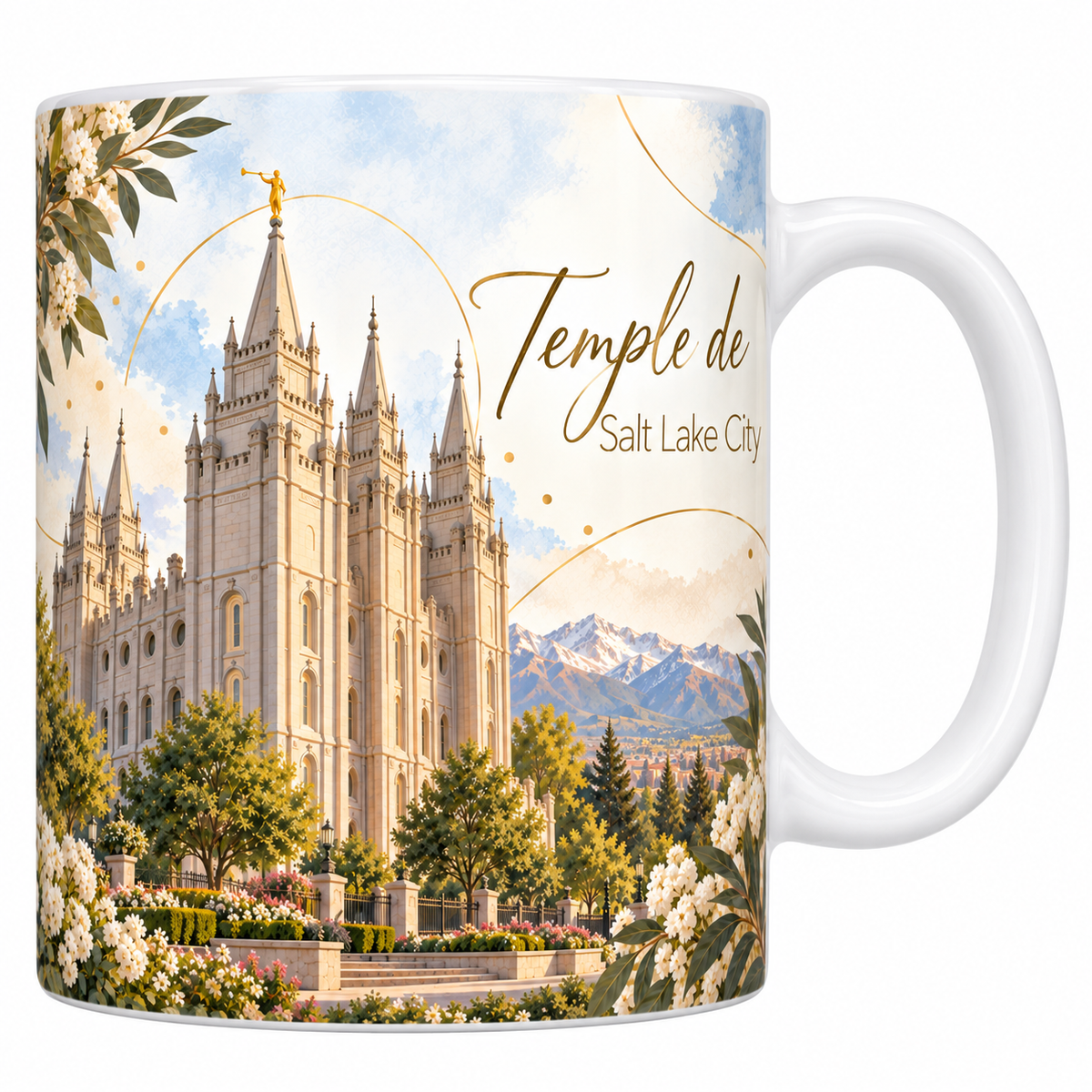Mug céramique blanche 330 ml illustré du temple de Salt Lake City à l'aquarelle, ses six flèches de granit clair et sa statue dorée au sommet, les jardins fleuris et les montagnes enneigées derrière, des fleurs blanches en bordure et le titre Temple de Salt Lake City en lettres dorées