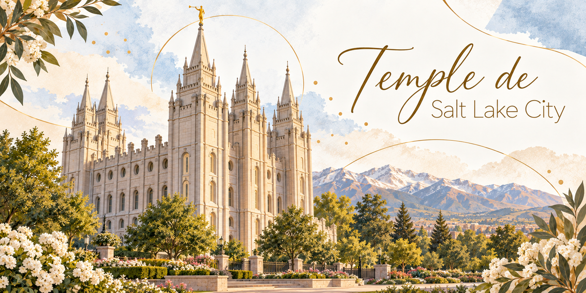 Visuel aquarellé du temple de Salt Lake City vu de trois quarts, ses six flèches de granit clair dont la plus haute porte une statue dorée, les jardins fleuris et les grilles du parvis au premier plan, les conifères et les montagnes enneigées des Wasatch à l'arrière-plan, des fleurs blanches et des feuillages en bordure, un cercle doré et le titre Temple de Salt Lake City