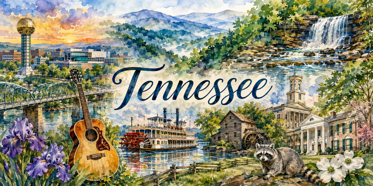 Aquarelle Tennessee : Sunsphere de Knoxville, Smoky Mountains, Capitole de Nashville et guitare