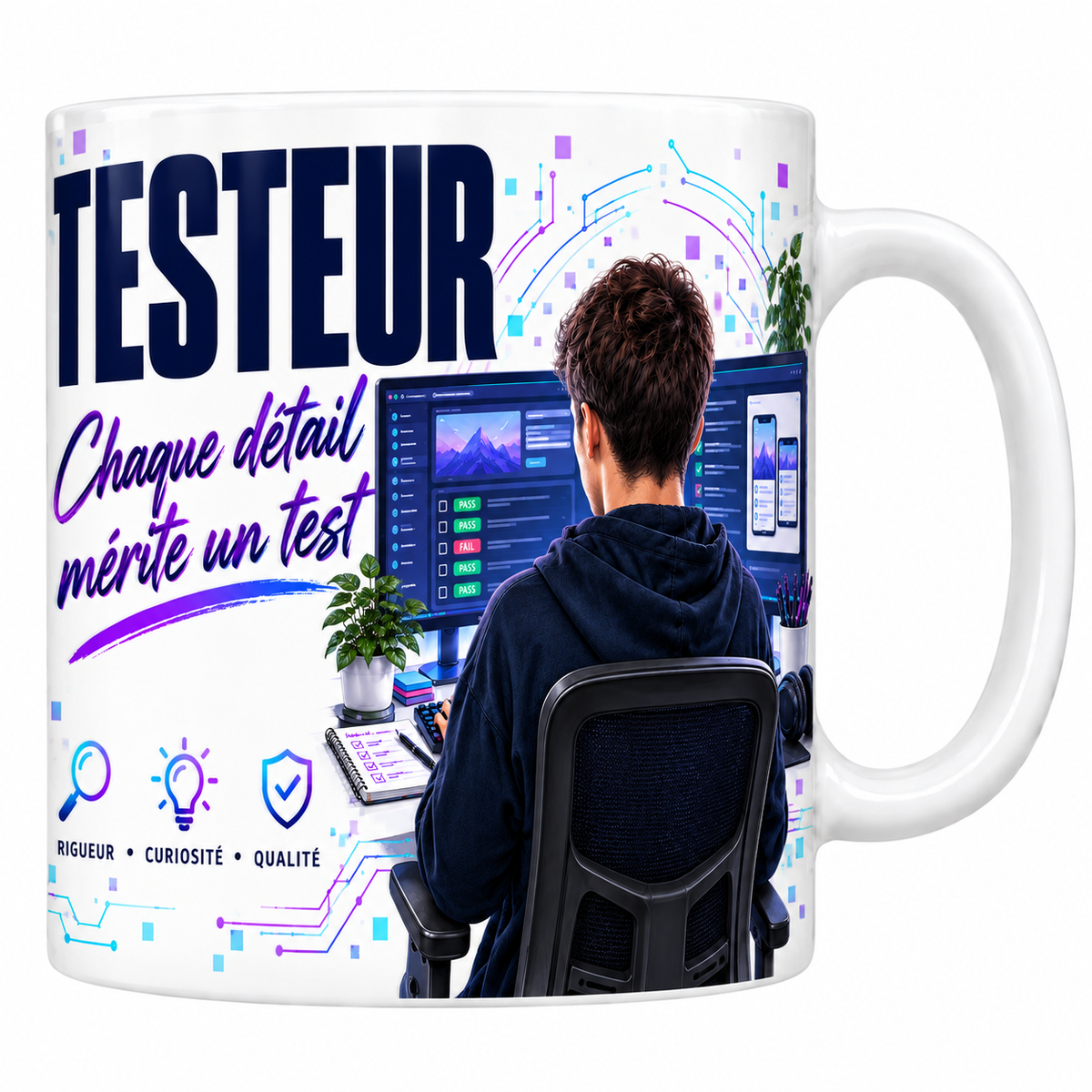 Mug testeur en céramique blanche 330 ml, décor de circuits imprimés bleu et violet, le mot TESTEUR en grand et la phrase manuscrite Chaque Détail Mérite un Test, un testeur assis de dos devant ses campagnes de tests, trois valeurs rigueur, curiosité, qualité