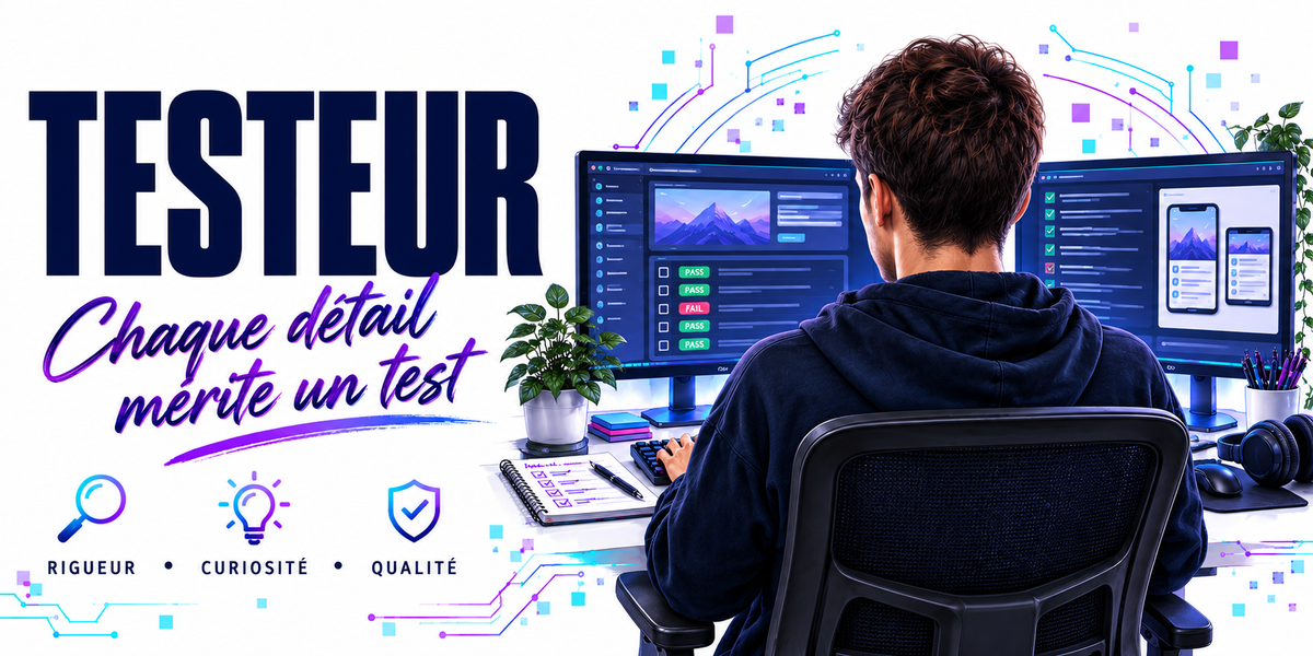 Visuel testeur : le mot TESTEUR en capitales bleu marine sur fond blanc à circuits imprimés bleus et violets, la phrase manuscrite violette Chaque Détail Mérite un Test, un testeur en sweat bleu marine assis de trois quarts dos devant trois écrans affichant une liste de cas de test à pastilles vertes et rouges et des maquettes d'application mobile, plante verte, trois pastilles — rigueur, curiosité, qualité