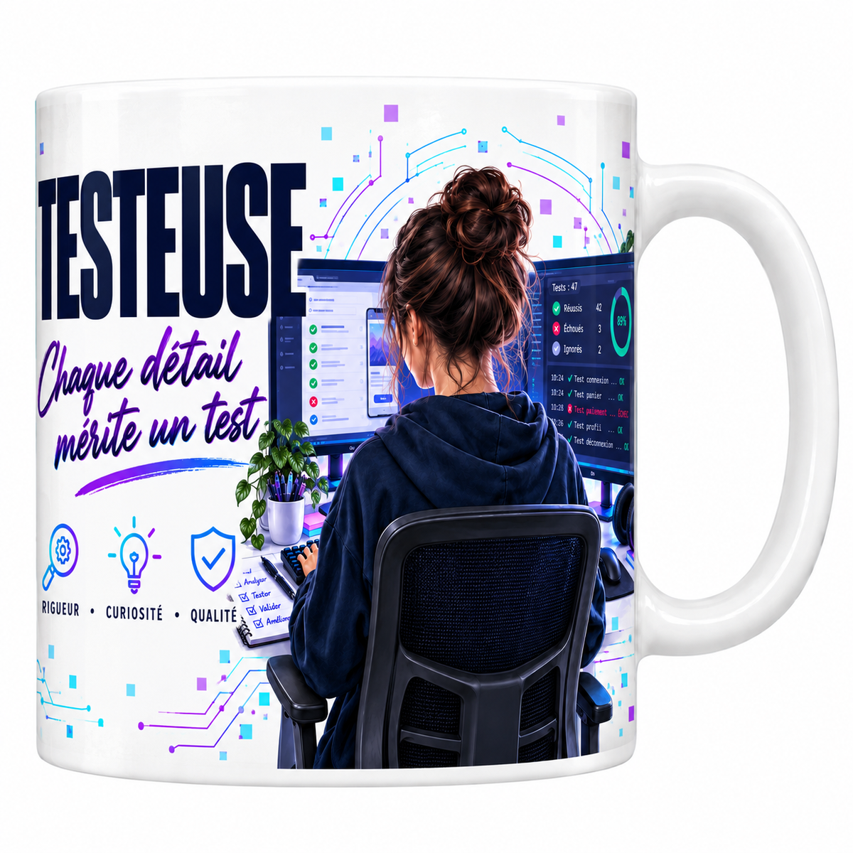 Mug testeuse en céramique blanche 330 ml, décor de circuits imprimés bleu et violet, le mot TESTEUSE en grand et la phrase manuscrite Chaque Détail Mérite un Test, une testeuse assise de dos devant ses campagnes de tests, trois valeurs rigueur, curiosité, qualité