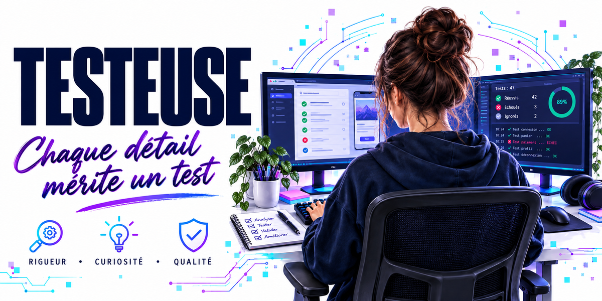 Visuel testeuse : le mot TESTEUSE en capitales bleu marine sur fond blanc à circuits imprimés bleus et violets, la phrase manuscrite violette Chaque Détail Mérite un Test, une testeuse en sweat bleu marine, chignon, assise de trois quarts dos devant trois écrans affichant une liste de cas de test à pastilles vertes et rouges et des maquettes d'application mobile, plante verte, trois pastilles — rigueur, curiosité, qualité