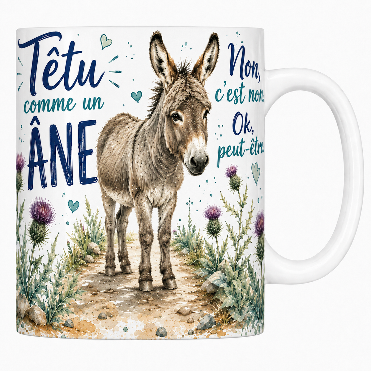 Mug céramique blanc « Têtu comme un âne », âne aux grandes oreilles et chardons à l'aquarelle