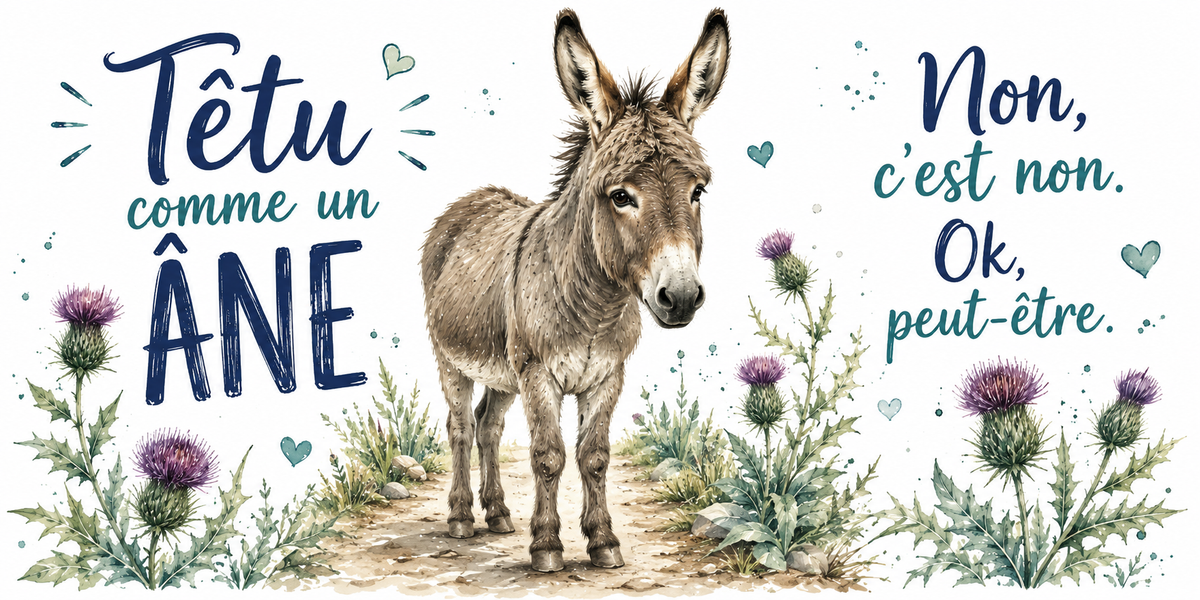 Âne aux grandes oreilles et chardons à l'aquarelle : « Têtu comme un âne. Non, c'est non. Ok, peut-être »