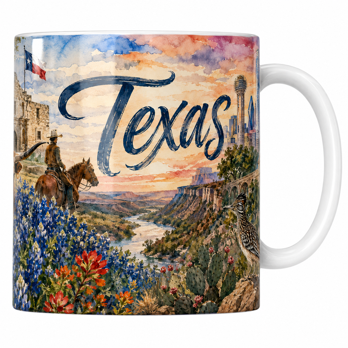 Mug blanc céramique 330 ml imprimé Texas, Alamo et longhorn