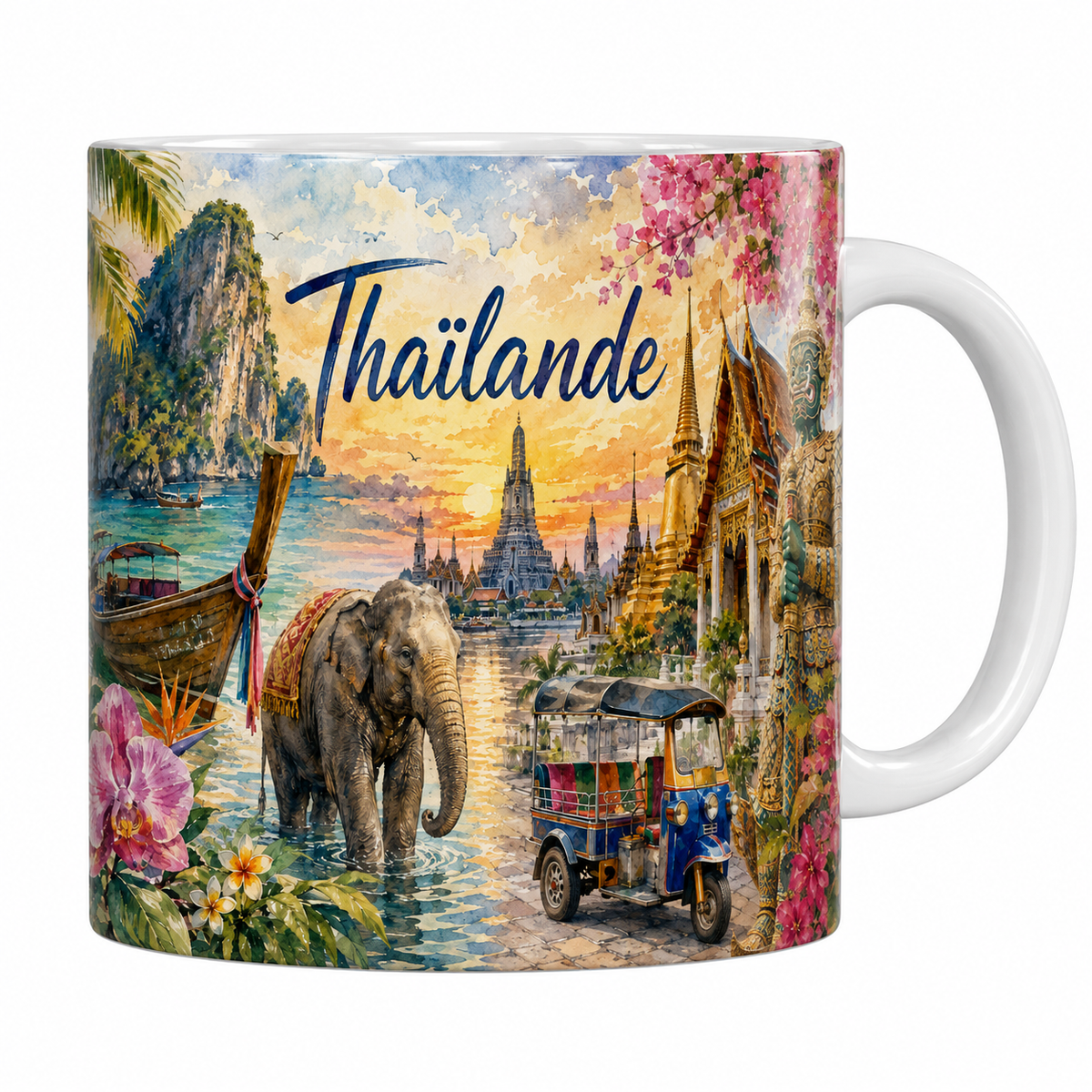 Mug céramique 330 ml Thaïlande aquarelle : Wat Arun, éléphant et tuk-tuk