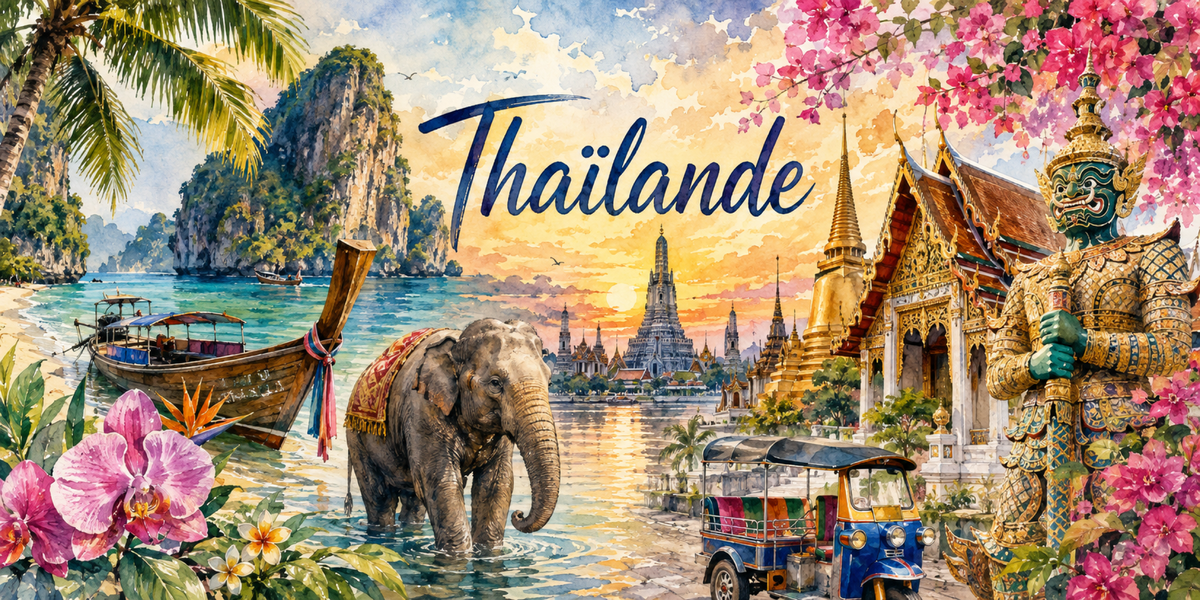 Visuel Thaïlande aquarelle : Wat Arun, éléphant caparaçonné, long-tail boats et gardien yaksha