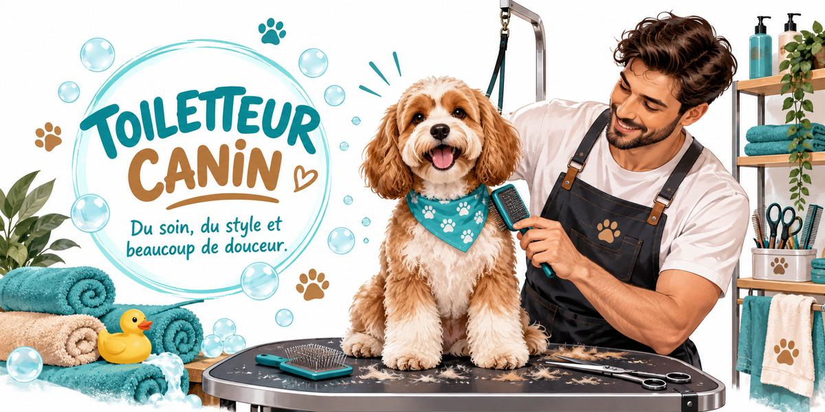 Visuel toiletteur canin : le mot TOILETTEUR en capitales bleu canard et CANIN en orange ambré avec un petit cœur, dans un cercle de bulles turquoise, la devise Du soin, du style et beaucoup de douceur sur deux lignes, des empreintes de pattes turquoise et orange, un toiletteur souriant en t-shirt blanc et tablier noir brossant un chien beige et blanc au foulard turquoise assis sur une table de toilettage à potence, serviettes turquoise roulées, canard de bain jaune, ciseaux et peignes