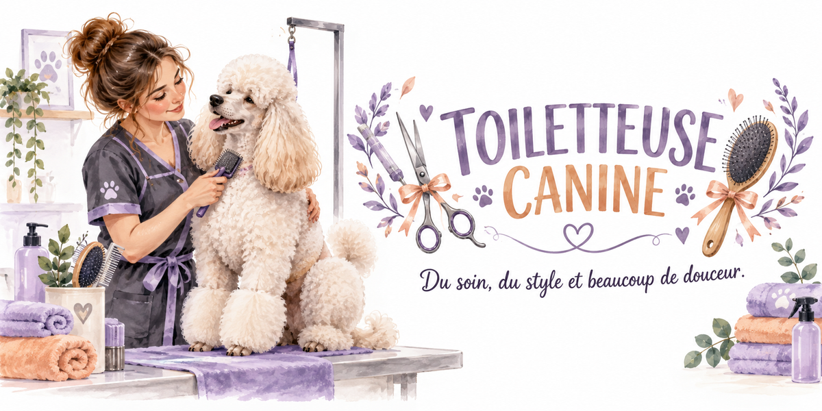 Visuel toiletteuse canine : le mot TOILETTEUSE en capitales violet améthyste et CANINE en capitales orange ambré, encadrés d'une couronne aquarelle de ciseaux, brosse à picots, nœud orange, feuillages d'eucalyptus et petits cœurs, la devise Du soin, du style et beaucoup de douceur en gris, une toiletteuse au chignon en blouse à motif de pattes et tablier violet peignant un caniche blanc debout sur une table à potence, serviettes violettes et pêche empilées
