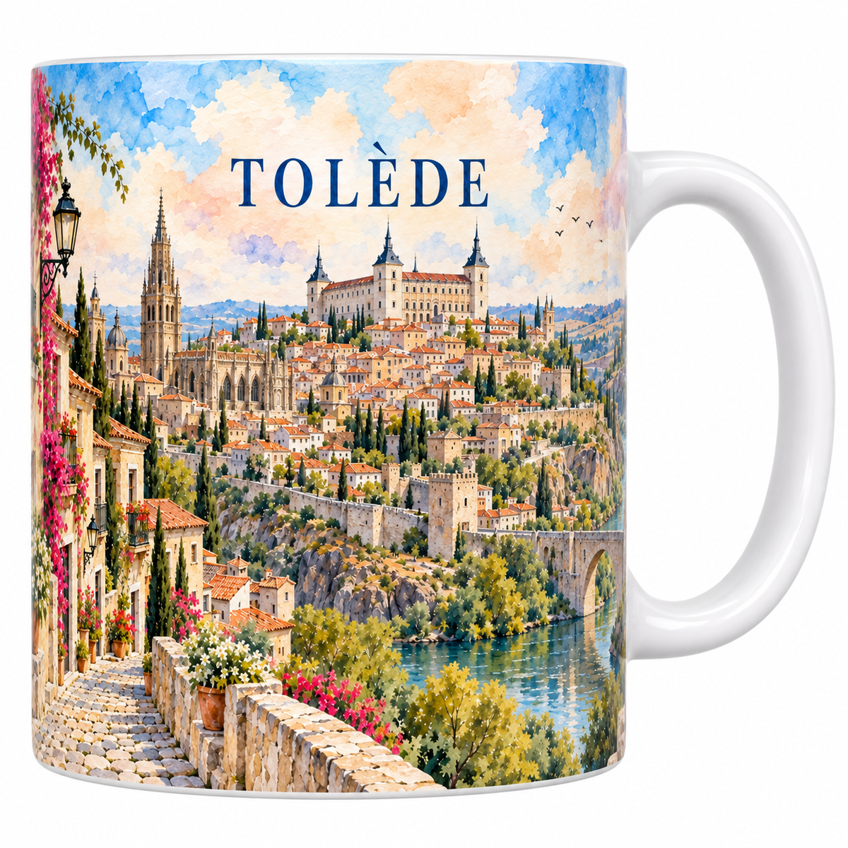 Mug blanc Tolède aquarelle : la ruelle pavée et ses bougainvillées, la flèche de la cathédrale, l'Alcázar sur la crête et les cyprès.