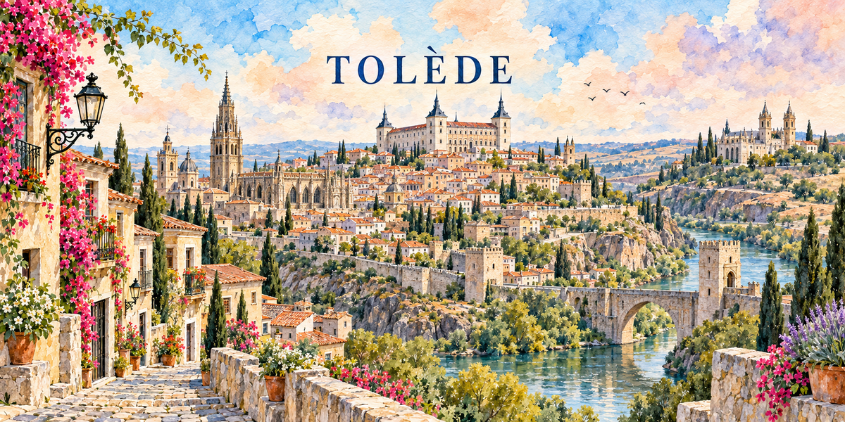 Illustration aquarelle de Tolède : la ruelle pavée en pente et son réverbère de fer forgé, les maisons blanches à toits de tuiles, la cathédrale, l'Alcázar, le Tage et le pont à tour crénelée.