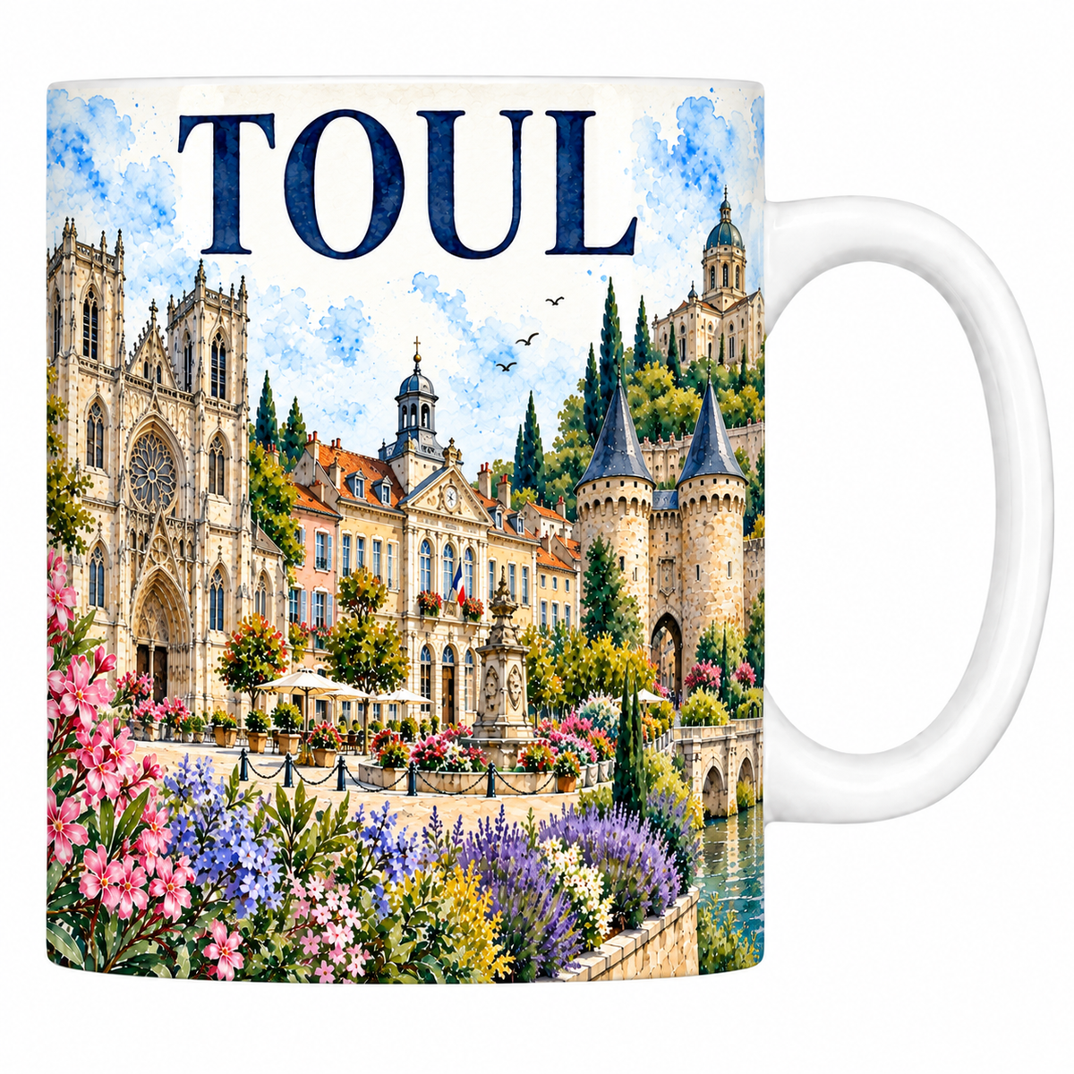 Mug blanc en céramique 330 ml illustré Toul à l'aquarelle : façade flamboyante de la cathédrale Saint-Étienne, tour à toit d'ardoise et fossé des remparts