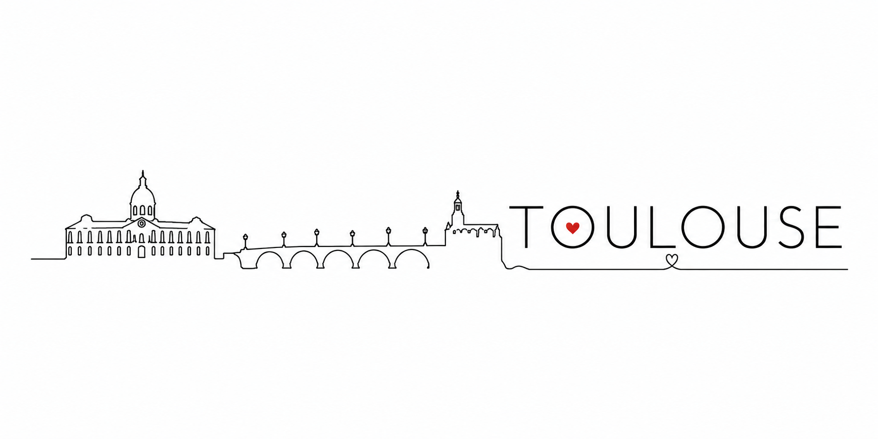 Visuel Toulouse : Capitole, arches du pont sur la Garonne, TOULOUSE avec cœur rouge dans le O
