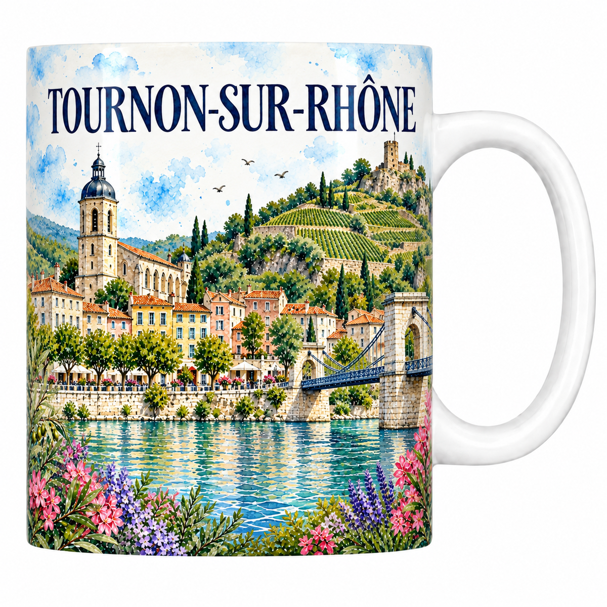 Mug blanc en céramique 330 ml illustré Tournon-sur-Rhône à l'aquarelle : le quai, la passerelle suspendue et les vignes en terrasses