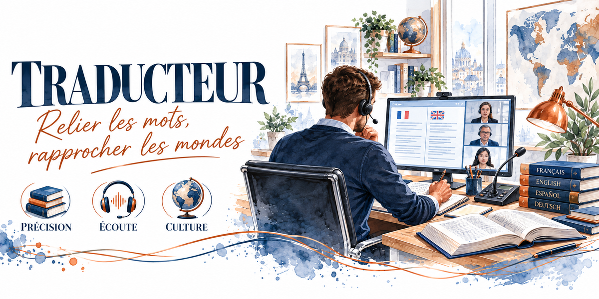 Aquarelle traducteur : le mot TRADUCTEUR en capitales bleu marine et la mention manuscrite orange Relier les Mots, Rapprocher les Mondes, un traducteur en pull bleu marine, casque-micro sur la tête, assis de trois quarts dos, écran de visioconférence à plusieurs participants, micro sur pied, dictionnaires empilés en quatre langues, gros dictionnaire ouvert, globe, carte du monde et cadre de la tour Eiffel, lampe cuivrée, trois pastilles — précision, écoute, culture
