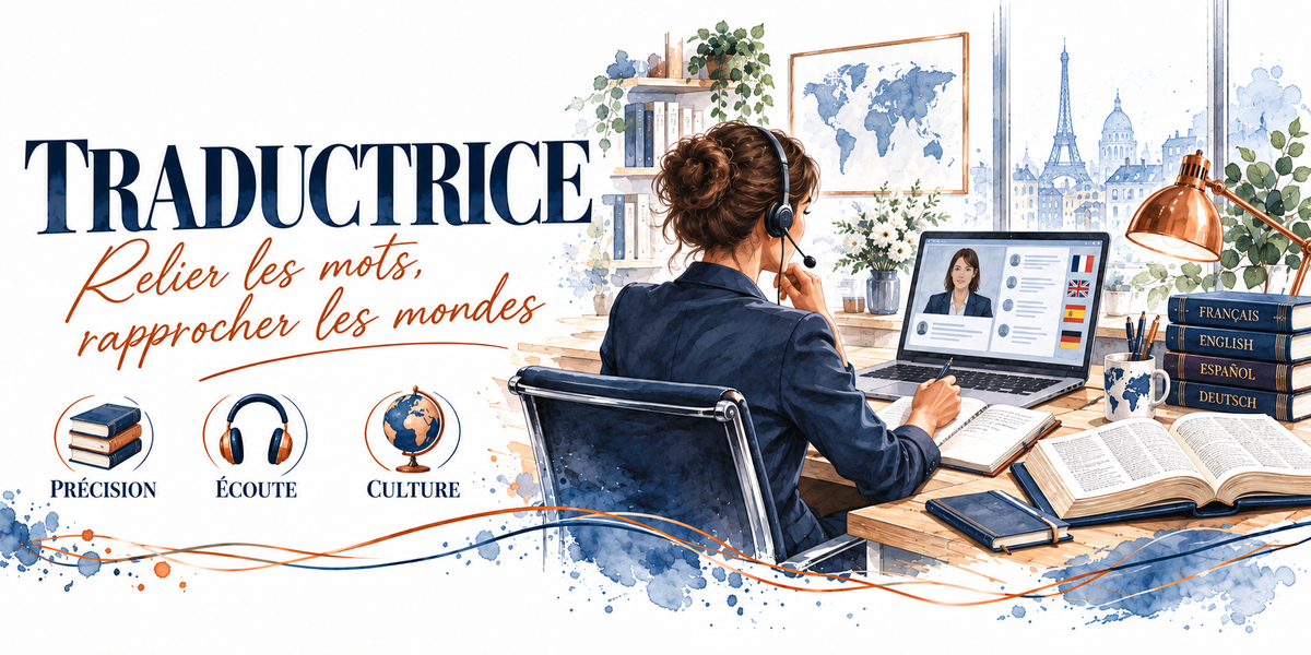 Aquarelle traductrice : le mot TRADUCTRICE en capitales bleu marine et la mention manuscrite orange Relier les Mots, Rapprocher les Mondes, une traductrice en veste bleu marine, chignon, casque-micro sur la tête, assise de trois quarts dos, ordinateur portable affichant une visioconférence, dictionnaires empilés en quatre langues, dictionnaire ouvert, carte du monde au mur et cadre de la tour Eiffel, plantes et lampe cuivrée, trois pastilles — précision, écoute, culture