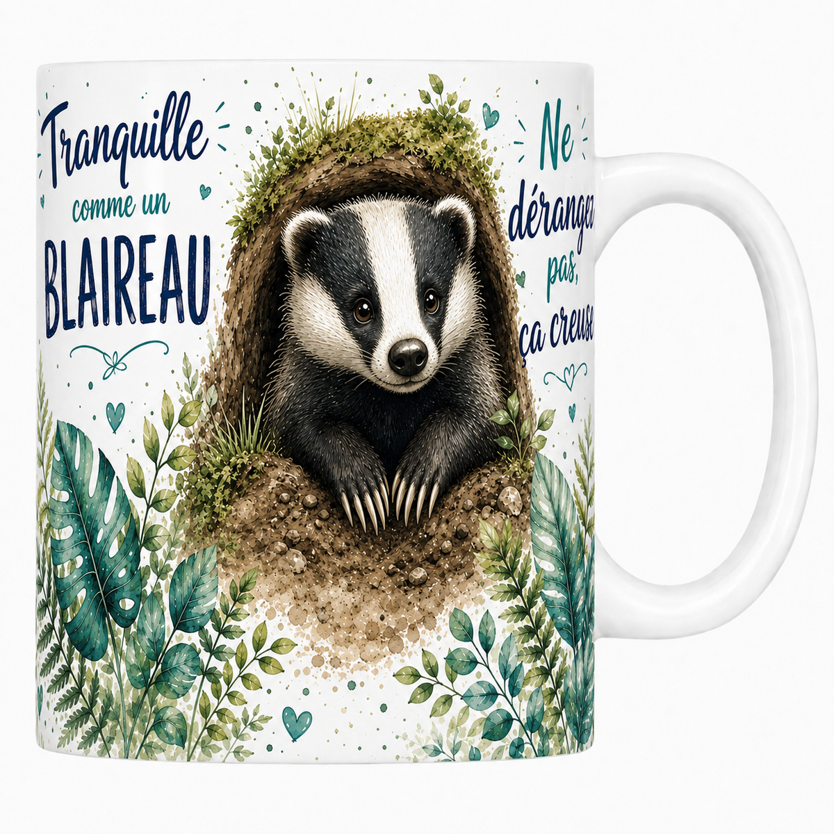 Mug céramique blanc « Tranquille comme un blaireau », blaireau sortant de son terrier à l'aquarelle