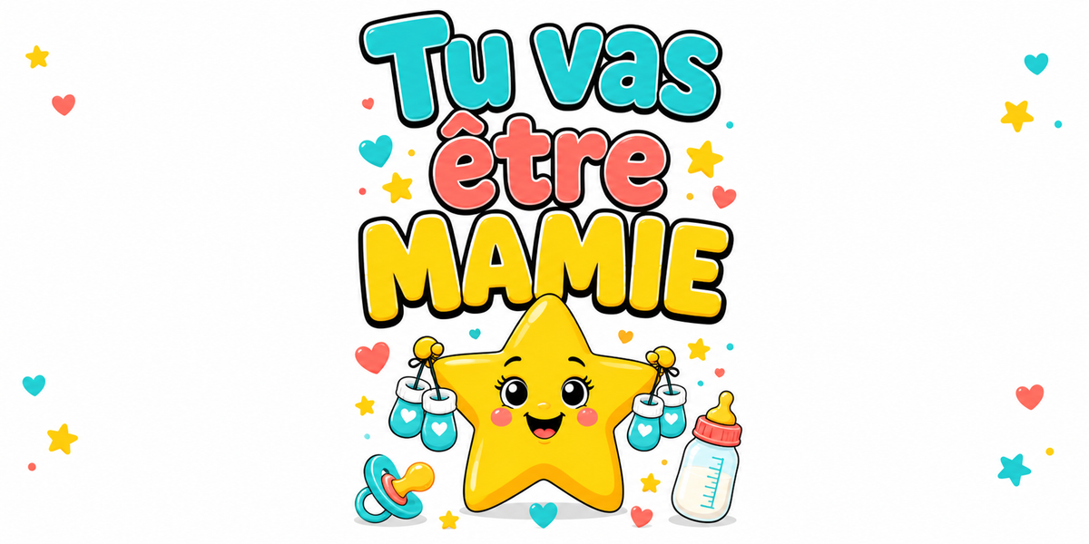 Visuel « Tu vas être mamie » : lettrage turquoise, corail et jaune, étoile souriante et cœurs