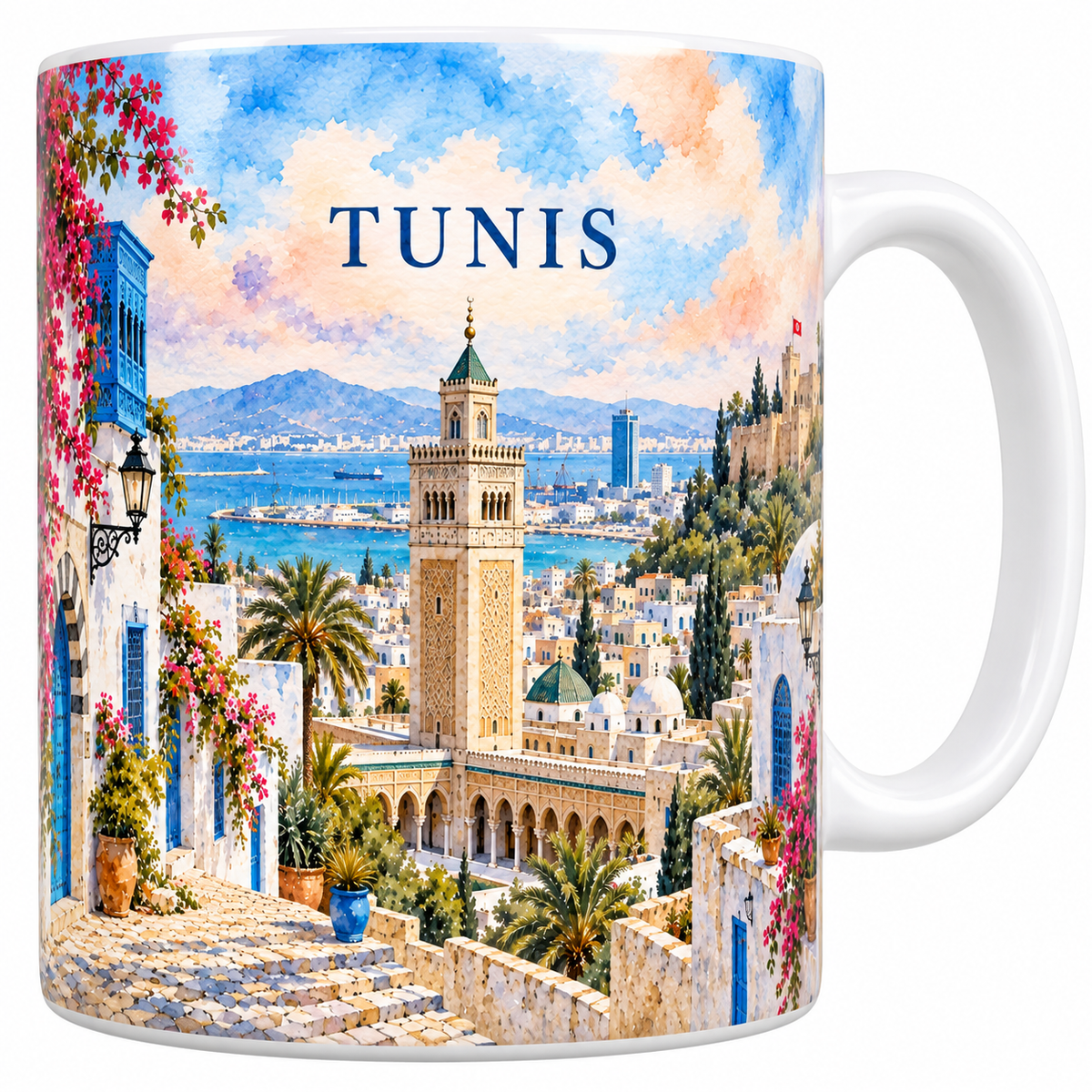 Mug en céramique blanche 330 ml illustré à l'aquarelle de Tunis : le minaret de la Zitouna, les toits blancs de la médina et le port au fond