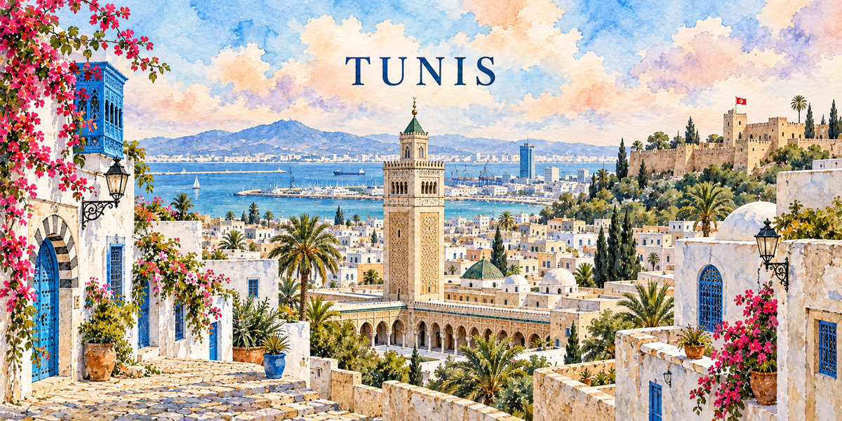 Illustration aquarelle de Tunis : une porte bleue cloutée et un moucharabieh, la ruelle pavée, les maisons blanches à volets bleus, le minaret carré de la Zitouna et la forteresse
