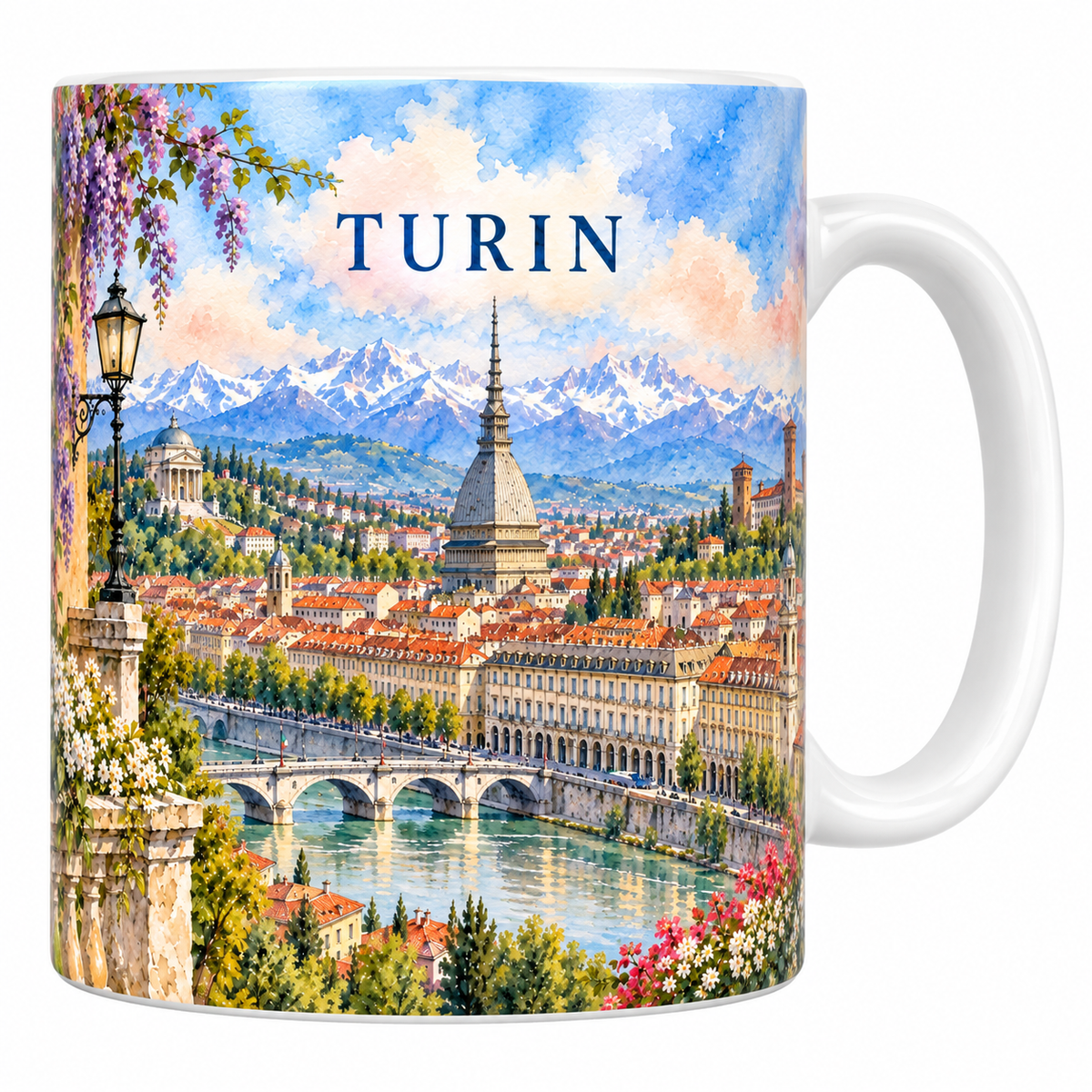 Mug blanc Turin aquarelle avec la Mole Antonelliana, le Pô et les Alpes